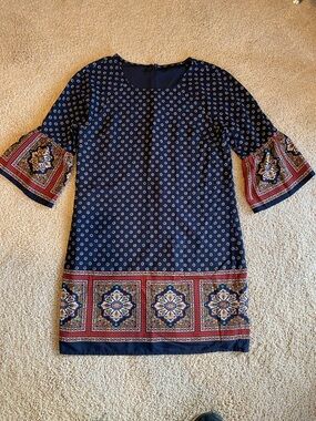 Navy Patterned Shift Dress with Decorative Border
